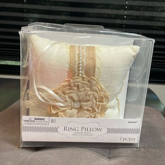 AMSCAN Wedding Ring Bearer Pillow Rustic Floral Beaded Off White & Beige - Picture 2 of 5